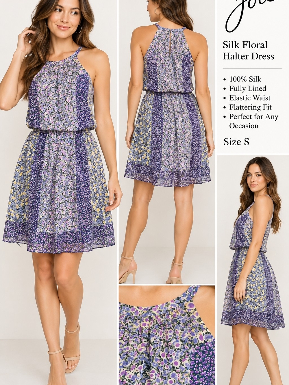 Joie Purple Floral Silk Halter Dress with Yellow Accents